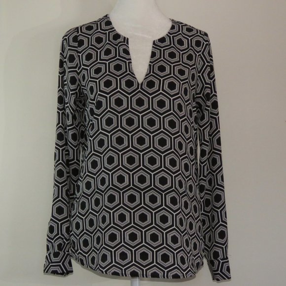 INC Women's Geometric Print Long-Sleeve Pullover V-Neck Blouse Size 0 XS (C914) - Picture 2 of 7